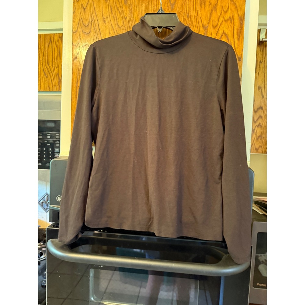 Casual Corner Stretch Brown Mock Neck Long Sleeve Top Back Zip Ruched Cuff Large